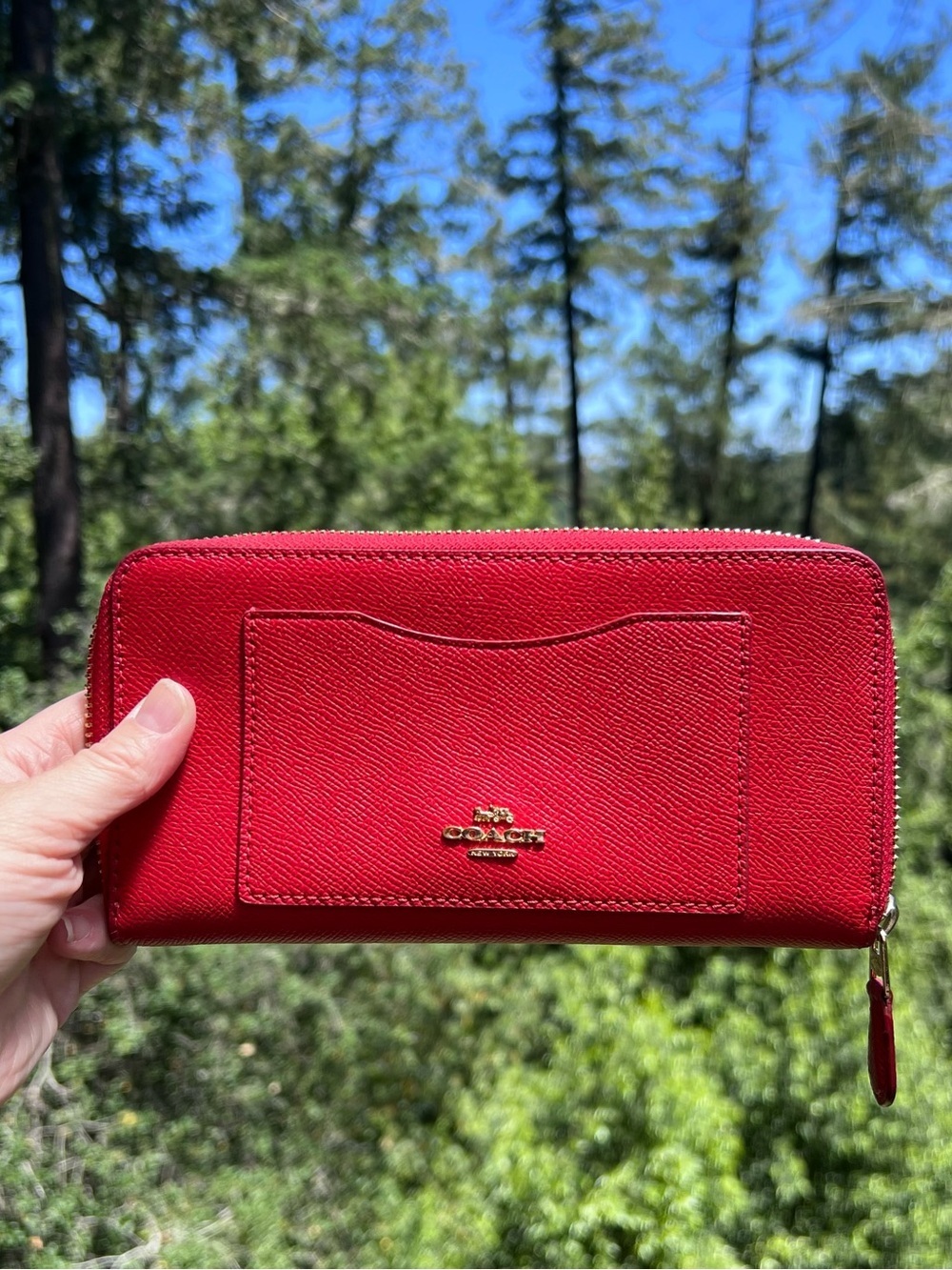 COACH Long Zip-Around Red Crossgrain Leather Wallet w Gold Hardware AUTHENTIC